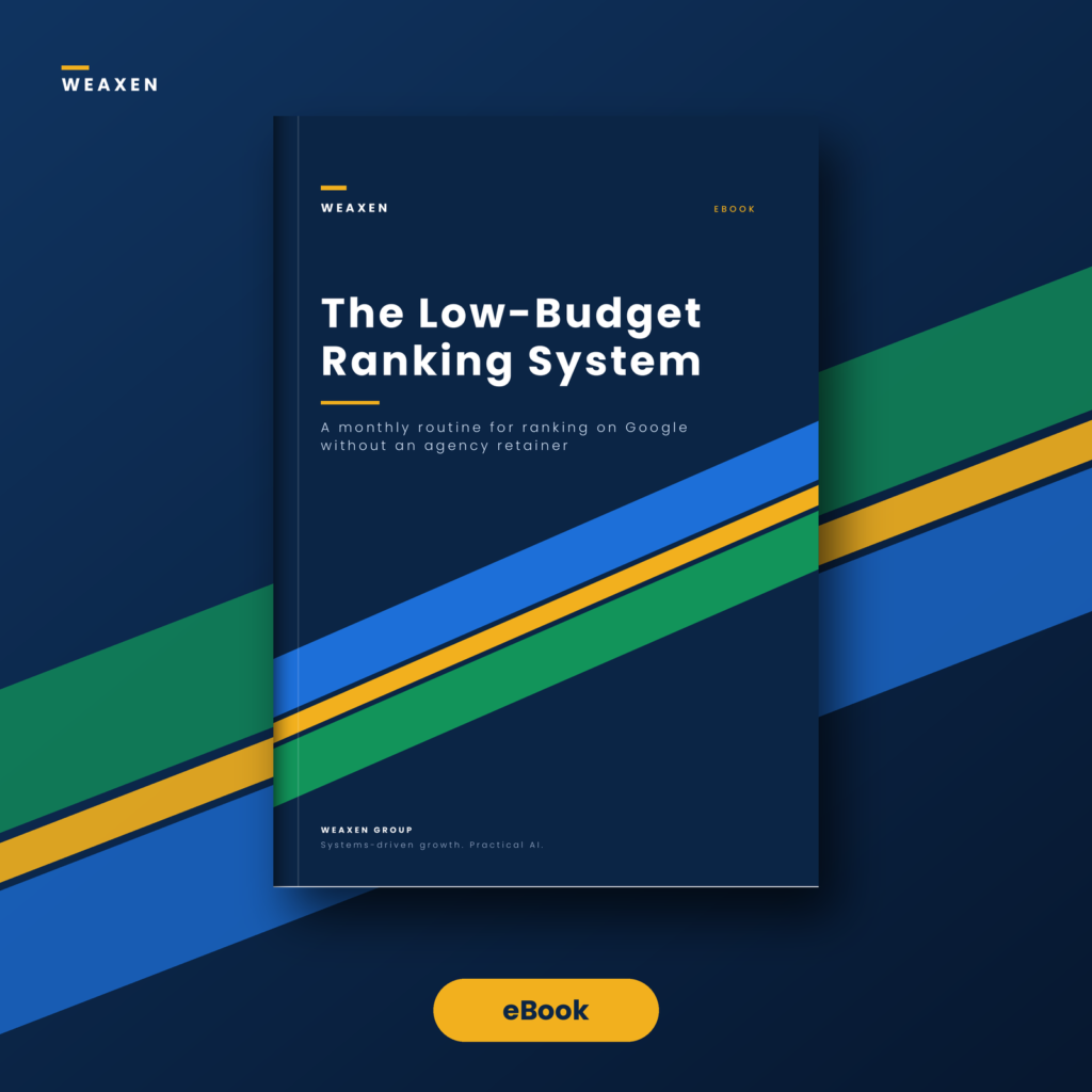 | Image | File name | Alt text | | Main | low-budget-ranking-system-main.png | The Low-Budget Ranking System eBook cover by Weaxen | | PDF + audiobook | low-budget-ranking-system-pdf-audiobook.png | The Low-Budget Ranking System, PDF and audiobook edition, audiobook coming soon | | PDF only | low-budget-ranking-system-pdf-only.png | The Low-Budget Ranking System eBook, PDF edition |